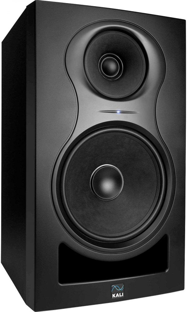 Black studio monitor speaker with two drivers and a blue LED indicator light on the front panel.