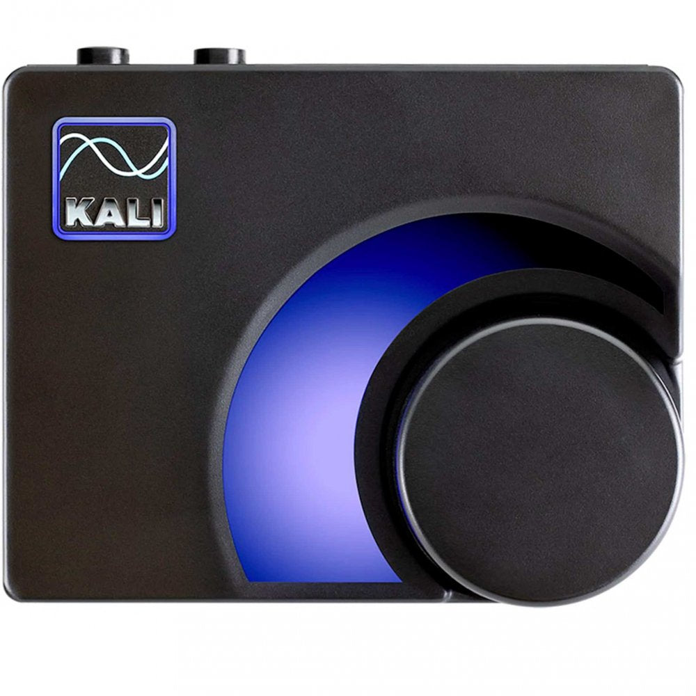 Black Kali audio device with rotary knob and blue design element on its top surface.