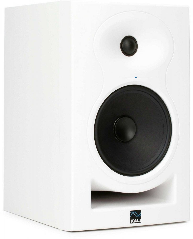White studio monitor speaker with black woofer and tweeter and Kali brand logo on front