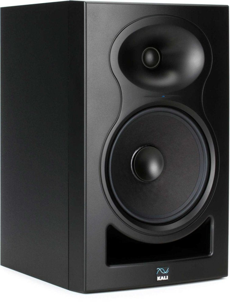 Black studio monitor speaker with woofer, tweeter, and front bass port on a white surface.