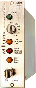 Metal audio processor module with rotary knobs and indicator lights labeled Millennia with frequency and gain markings.