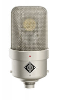 Silver condenser microphone with a mesh grille and a Neumann logo on the body.