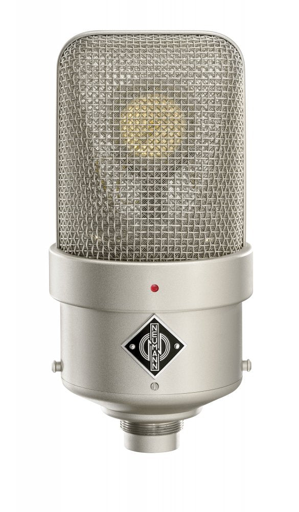 Silver condenser microphone with a mesh grille and a Neumann logo on the body.