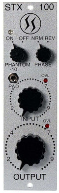 Front panel of a gray audio preamp/DI unit with knobs for input, output, phase, and phantom power toggle switch.