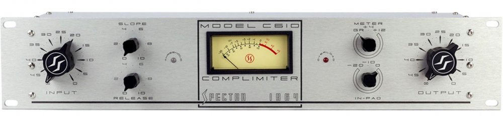 Front panel of a Spectra 1964 Model C610 audio processor with knobs, meter, and switches.