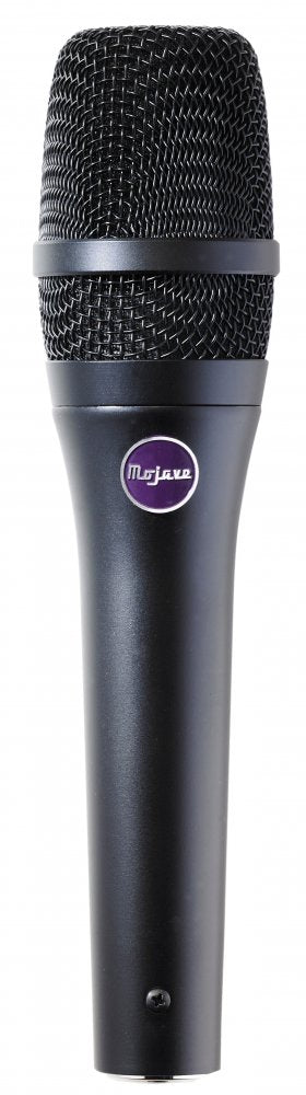Black handheld microphone with metal mesh grille and purple Mojave logo on body.