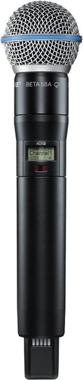 Black wireless handheld microphone with metal mesh grille and digital channel display.