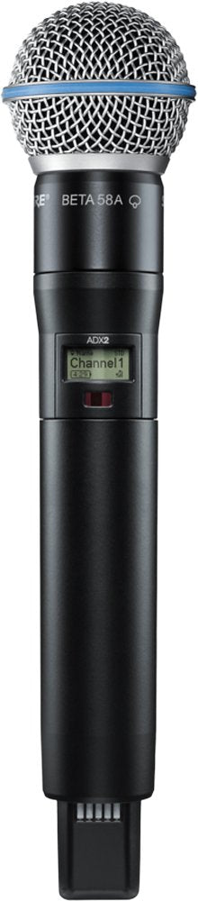 Black wireless handheld microphone with metal mesh grille and digital channel display.