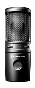 Black cylindrical microphone with metal mesh grille and two volume dials above the brand logo.