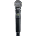 Black handheld wireless microphone with mesh grille, LCD screen showing Channel 1, and push button control.