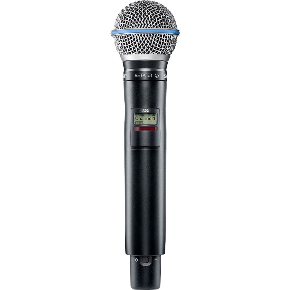 Black handheld wireless microphone with mesh grille, LCD screen showing Channel 1, and push button control.