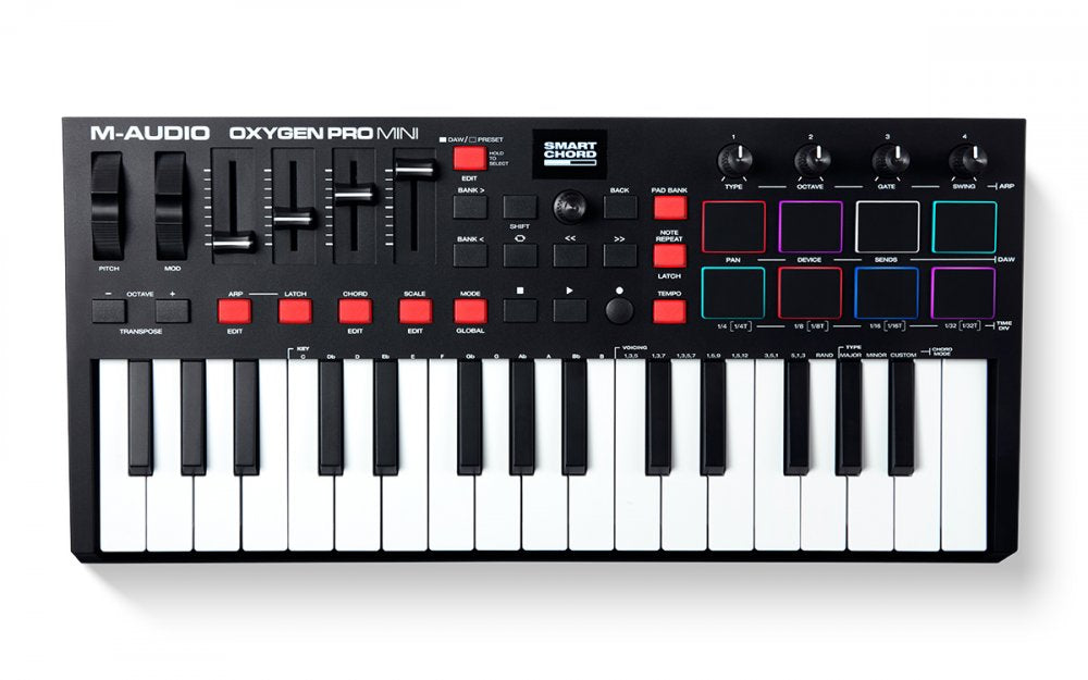 Black compact MIDI controller keyboard with white keys and various knobs, pads, sliders, and buttons.
