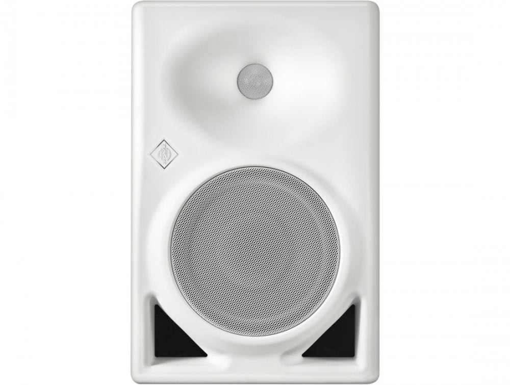 White studio monitor speaker with metal grilles over two drivers and a logo on the upper left side.