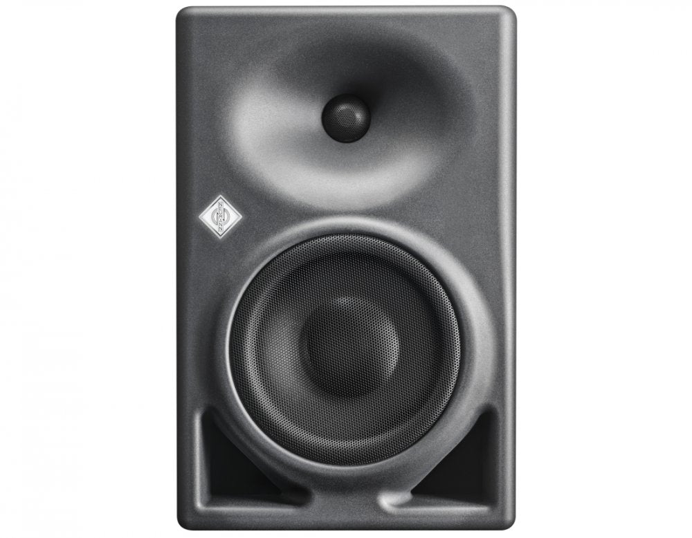 Front view of a black studio monitor speaker with a tweeter and woofer visible under metal mesh grills.