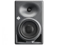 Front view of a black studio monitor speaker with a tweeter and woofer visible under metal mesh grills.