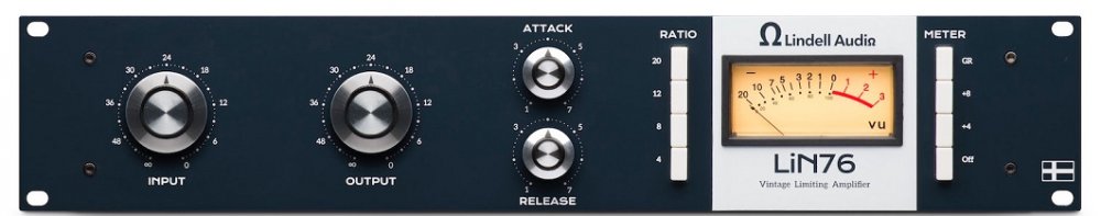 Front panel of a black and white audio limiting amplifier with knobs, buttons, and a VU meter labeled LiN76.