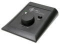Black volume control device with a rotary knob, toggle switch, and green LED indicator on top surface.