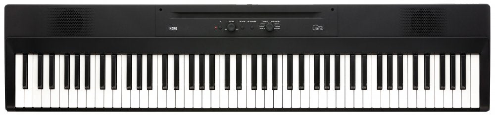 Black digital keyboard with 61 keys and a few control knobs and sliders on the top panel.