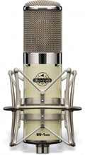 Front view of a beige and silver studio microphone with shock mount and mesh grille.