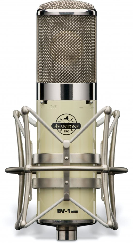 Front view of a beige and silver studio microphone with shock mount and mesh grille.