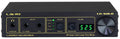 Front panel of black audio monitor controller with headphone jack, inputs, adjust button, volume display, and large knob.
