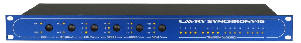 Front panel of a Lavry Synchrony-16 master clock with knobs, LEDs, and diagnostic indicators on a blue metal faceplate.