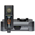 Black and gray studio microphone labeled LCT 1040 with a separate base unit featuring control knobs and indicator lights.