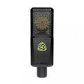 Front view of a black LEWITT brand microphone with green logo and a cylindrical connector at the bottom.