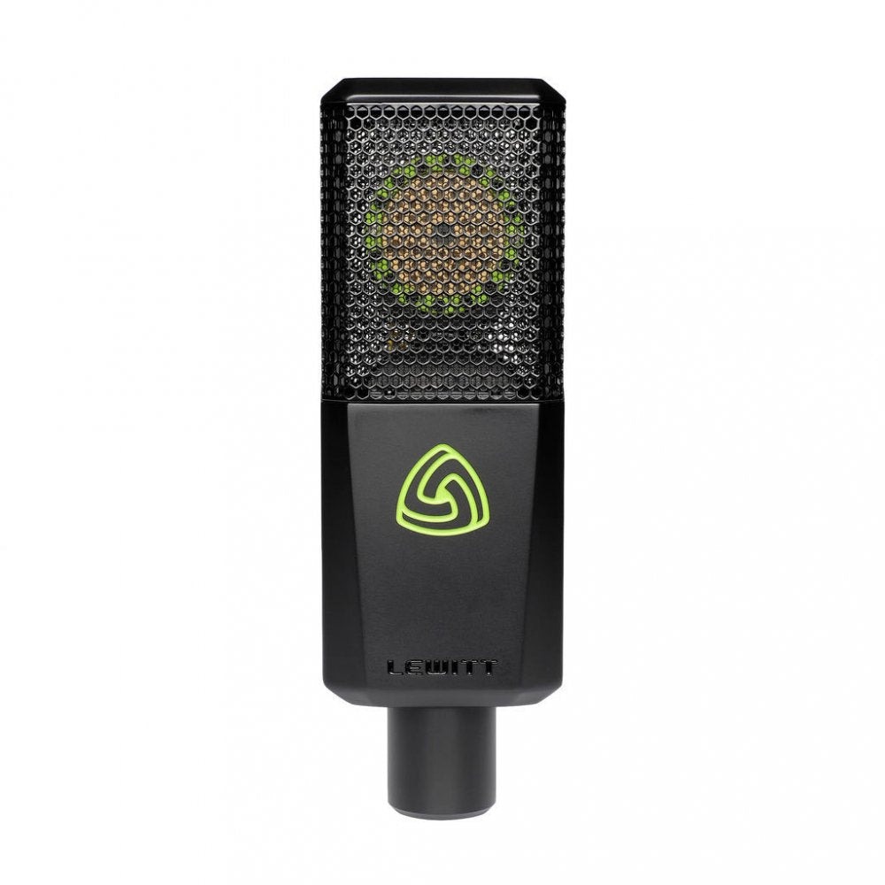 Front view of a black LEWITT brand microphone with green logo and a cylindrical connector at the bottom.