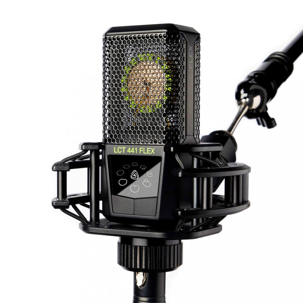 Black studio microphone with hexagonal grille and shock mount showing control panel and labeled LCT 441 FLEX.
