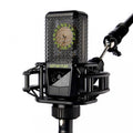 Black studio microphone with hexagonal grille and shock mount showing control panel and labeled LCT 441 FLEX.