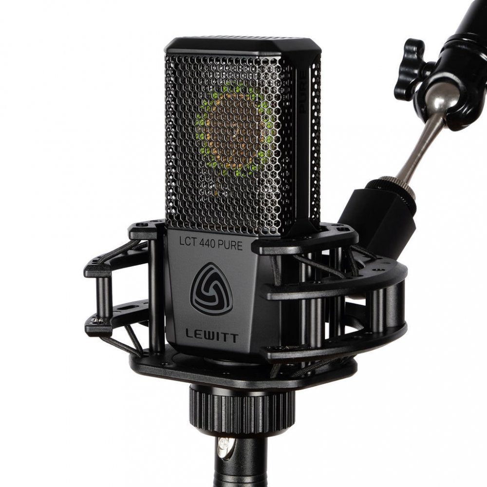 Black LEWITT LCT 440 PURE microphone in a shock mount with visible metal mesh grille and logo.