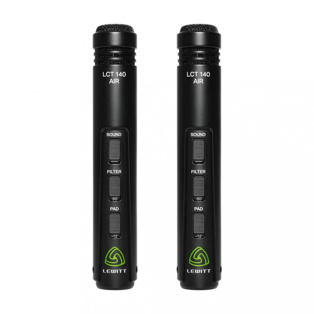 Two black Lewitt LCT 140 AIR microphones with sliders for sound, filter, and pad controls