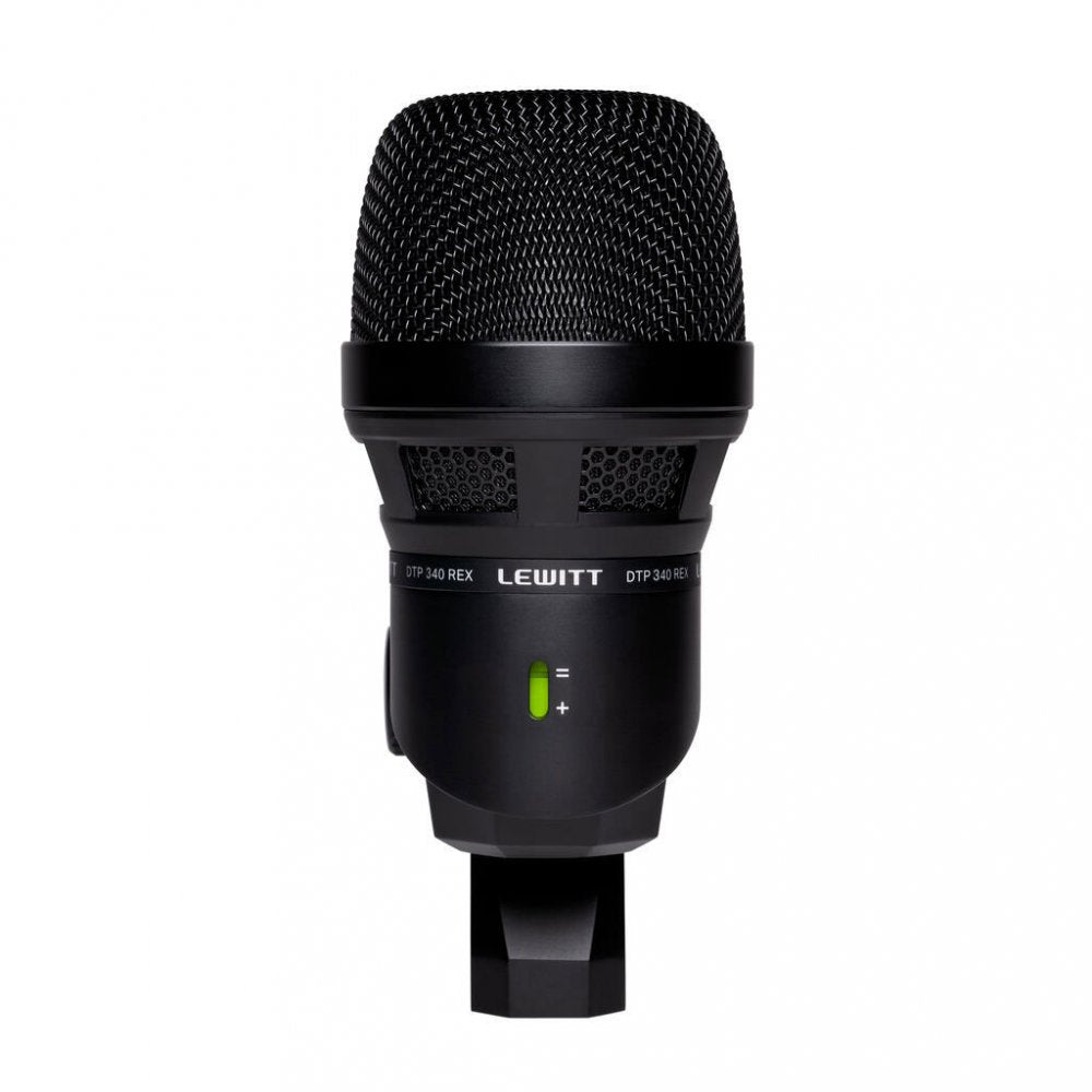 Black studio microphone with mesh grille and a small toggle switch showing green color.