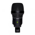 Black studio microphone with mesh grille and a small toggle switch showing green color.