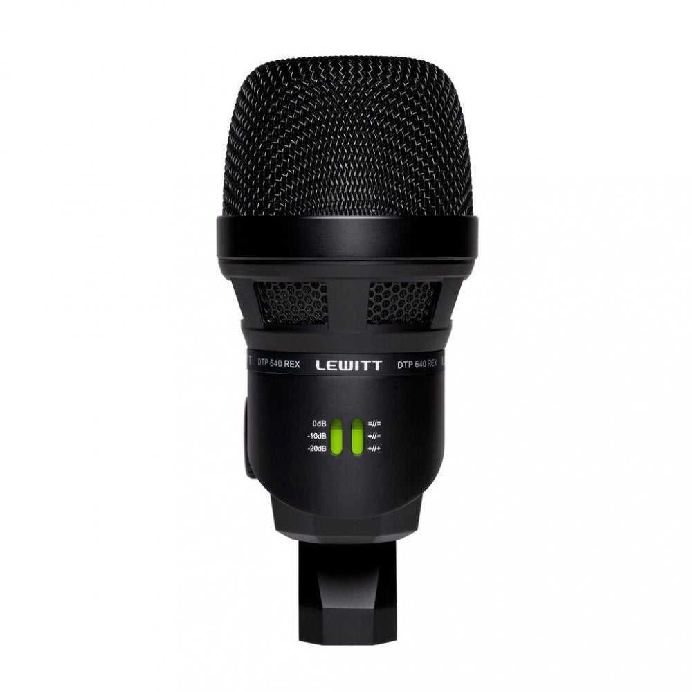 Black microphone with a metal mesh grill and two green slider switches on the body