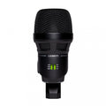 Black microphone with a metal mesh grill and two green slider switches on the body