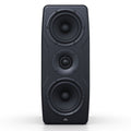 Front view of a black studio monitor speaker with two woofers and one tweeter labeled 'iLoud'.