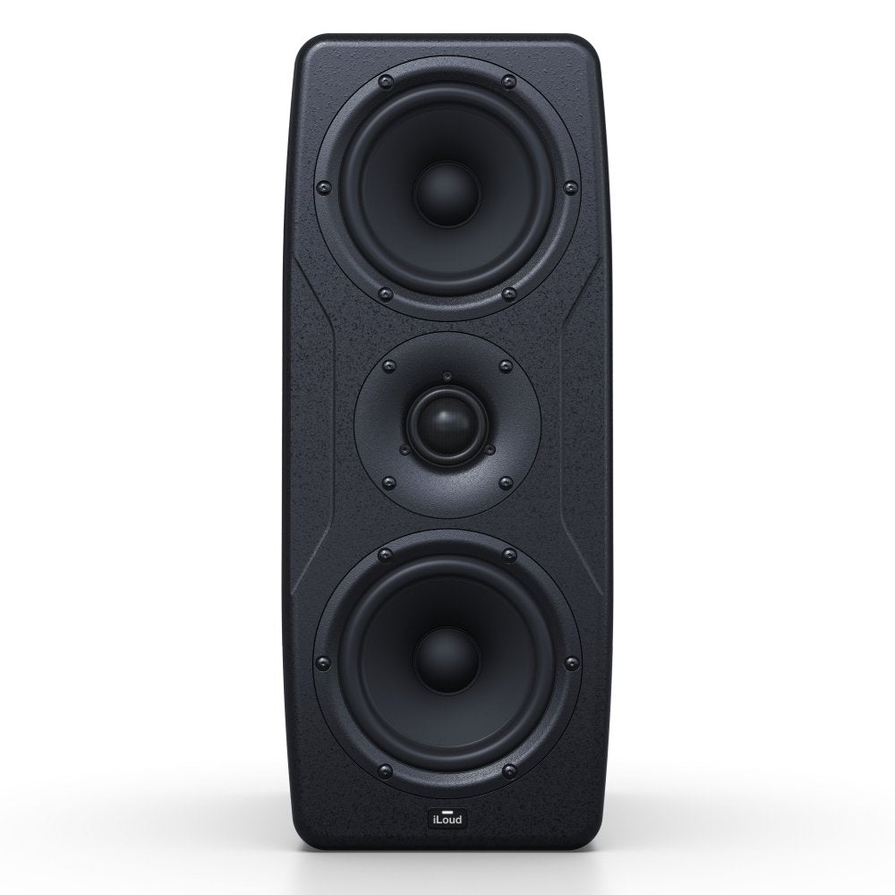 Front view of a black studio monitor speaker with two woofers and one tweeter labeled 'iLoud'.