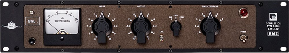 Front panel of a Chandler Limited RS660 audio compressor with knobs, meter, switch, and indicator light.