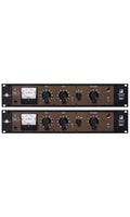 Front view photo of two black and brown 19-inch rack mounted audio compressor units with knobs, switches, and meters.