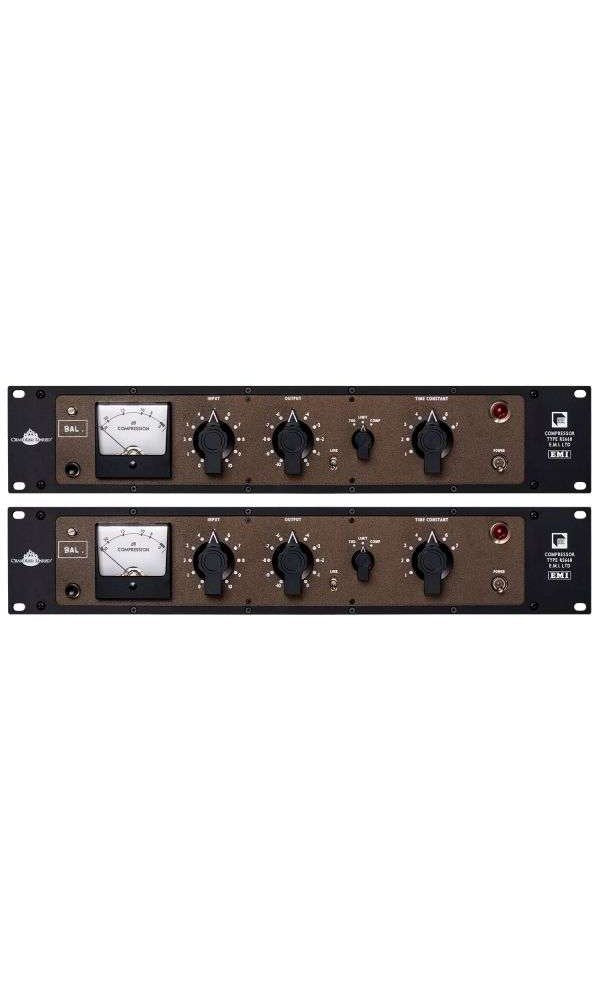 Front view photo of two black and brown 19-inch rack mounted audio compressor units with knobs, switches, and meters.