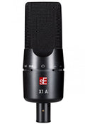 Black studio microphone with mesh grille, two adjustment dials, and 3-pin XLR connector