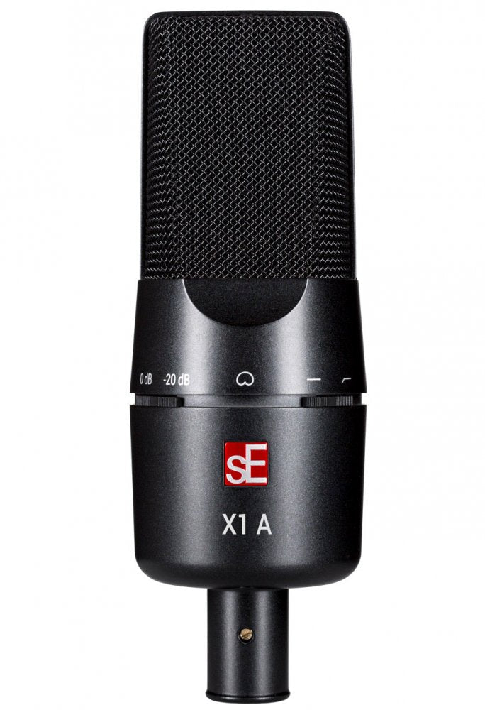 Black studio microphone with mesh grille, two adjustment dials, and 3-pin XLR connector
