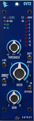 Blue audio processor panel with knobs for threshold, ratio, gain, and multiple toggle switches including bypass and soft knee.