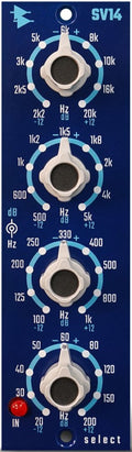 Blue audio control panel with four white rotary knobs and a red button labeled IN at the bottom.