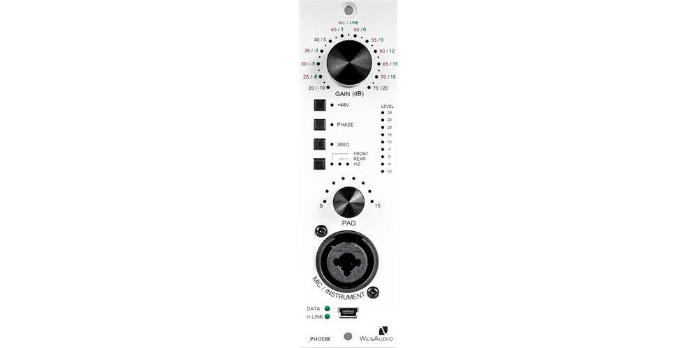 Front panel of an audio preamp with gain knob, pad control, combo input jack, LEDs, and mini USB port.