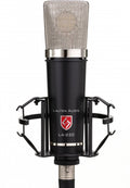 Black Lauten Audio LA-220 microphone with red logo mounted in a black shock mount.