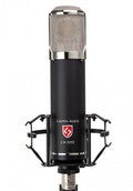 Black cylindrical microphone with silver mesh grille and shock mount showing Lauten Audio LA-320 branding.
