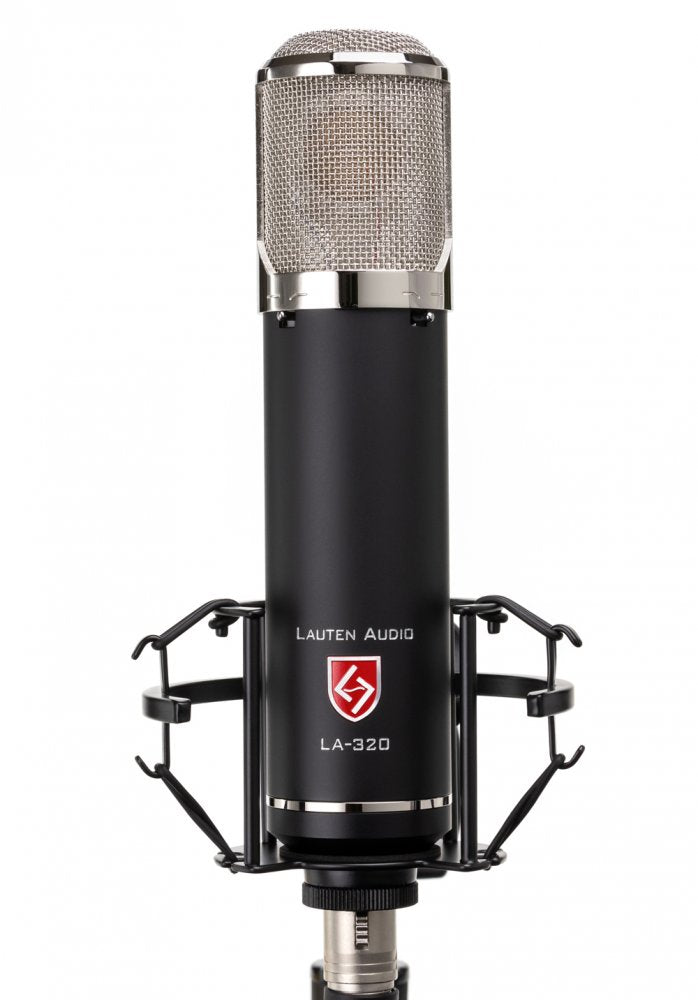Black cylindrical microphone with silver mesh grille and shock mount showing Lauten Audio LA-320 branding.